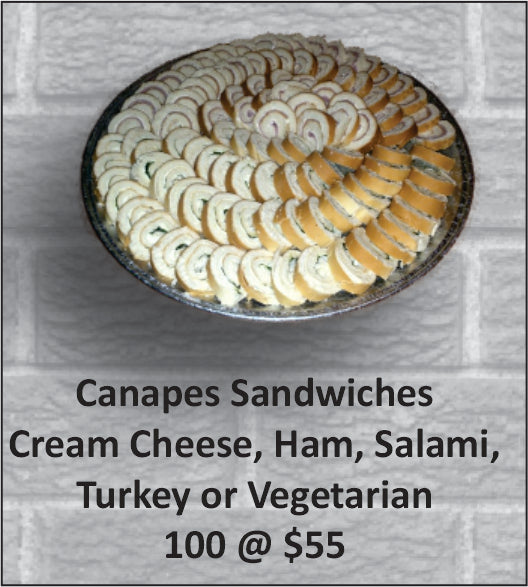Canapes Sandwiches Cream Cheese, Ham, Salami, Turkey or Vegetarian 100 Pcs