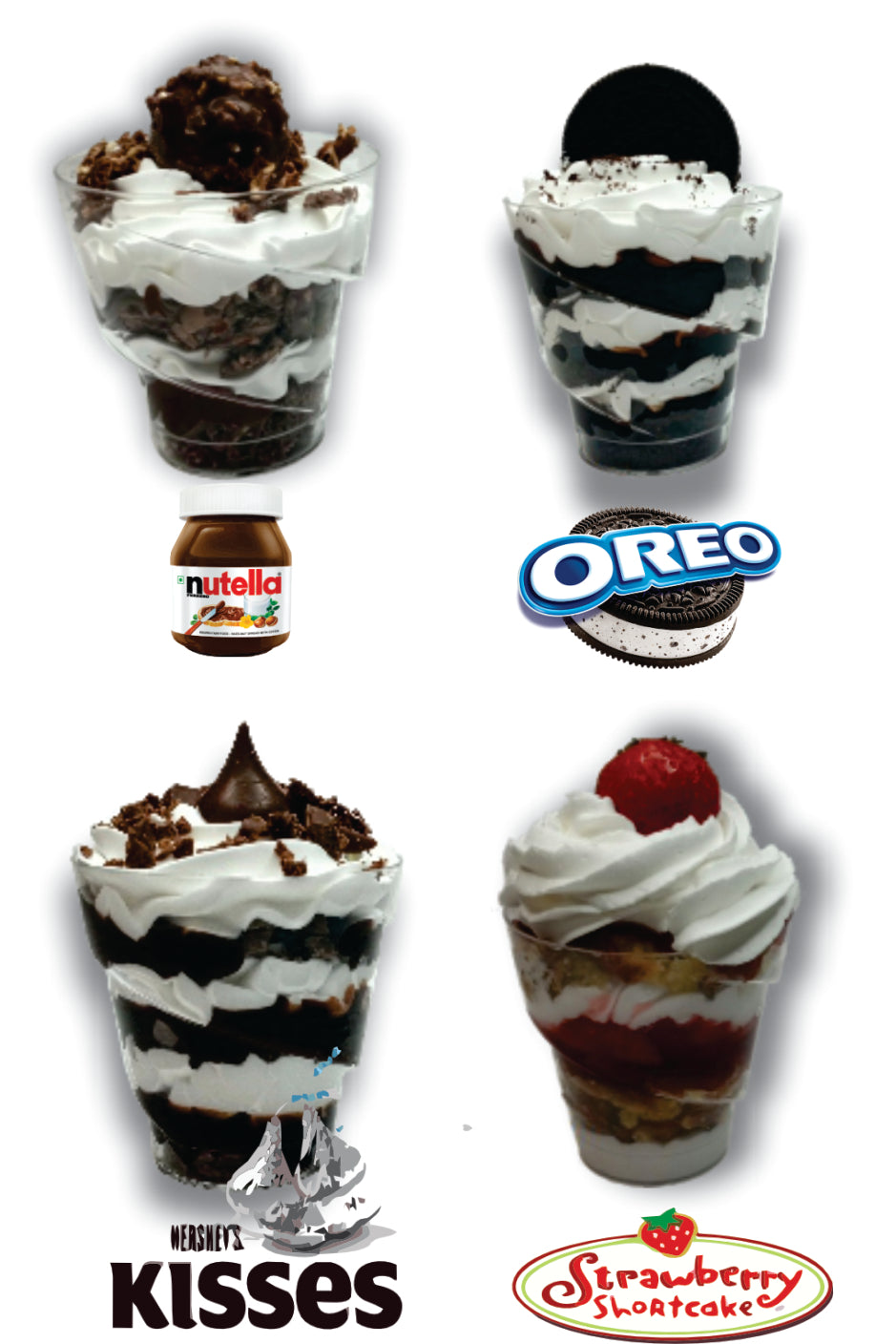 Desserts Cups 8oz. of Oreo, Nutella, Kisses, Strawberry Shortcake 12 Pcs per Flavor or 12 Pcs Assortment of Flavor