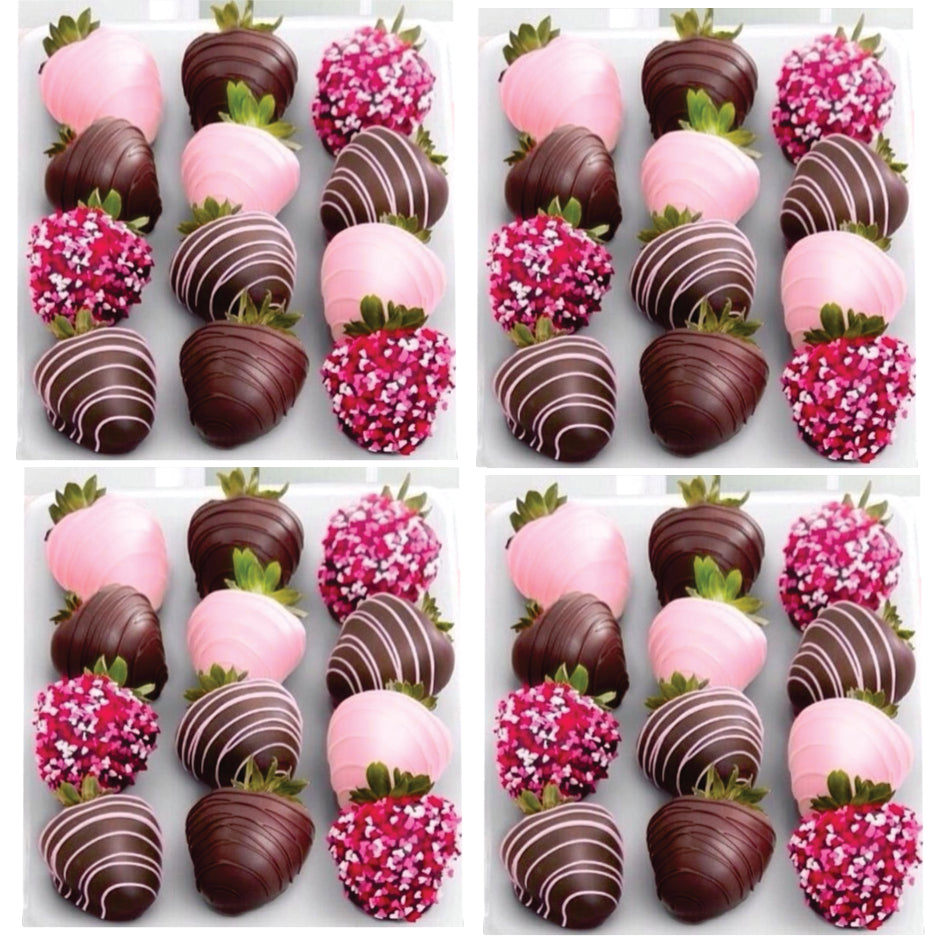 Strawberries with Chocolate Desserts, decorated with white chocolate and toppings of different colors.