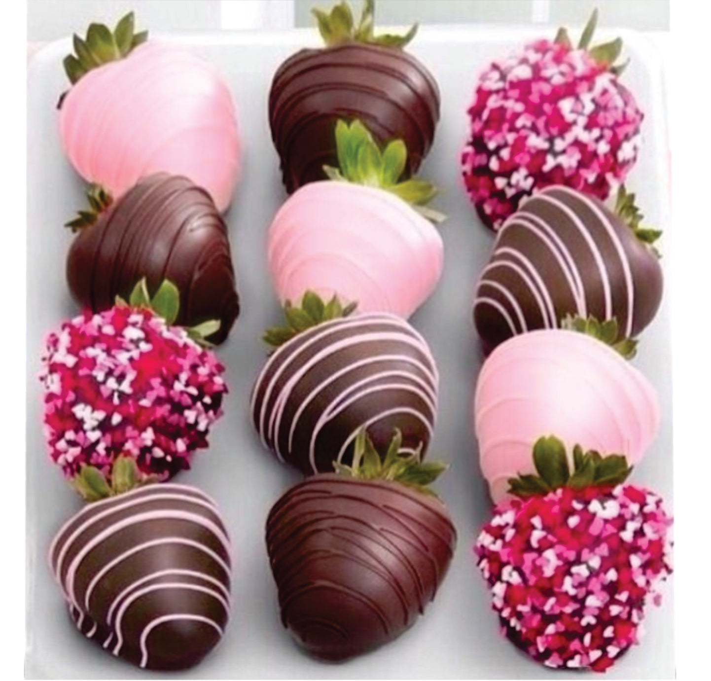 Strawberries with Chocolate Desserts, decorated with white chocolate and toppings of different colors.